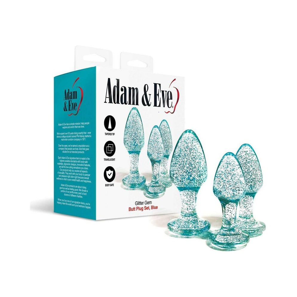 Adam & Eve Glitter Gem butt plug set in blue